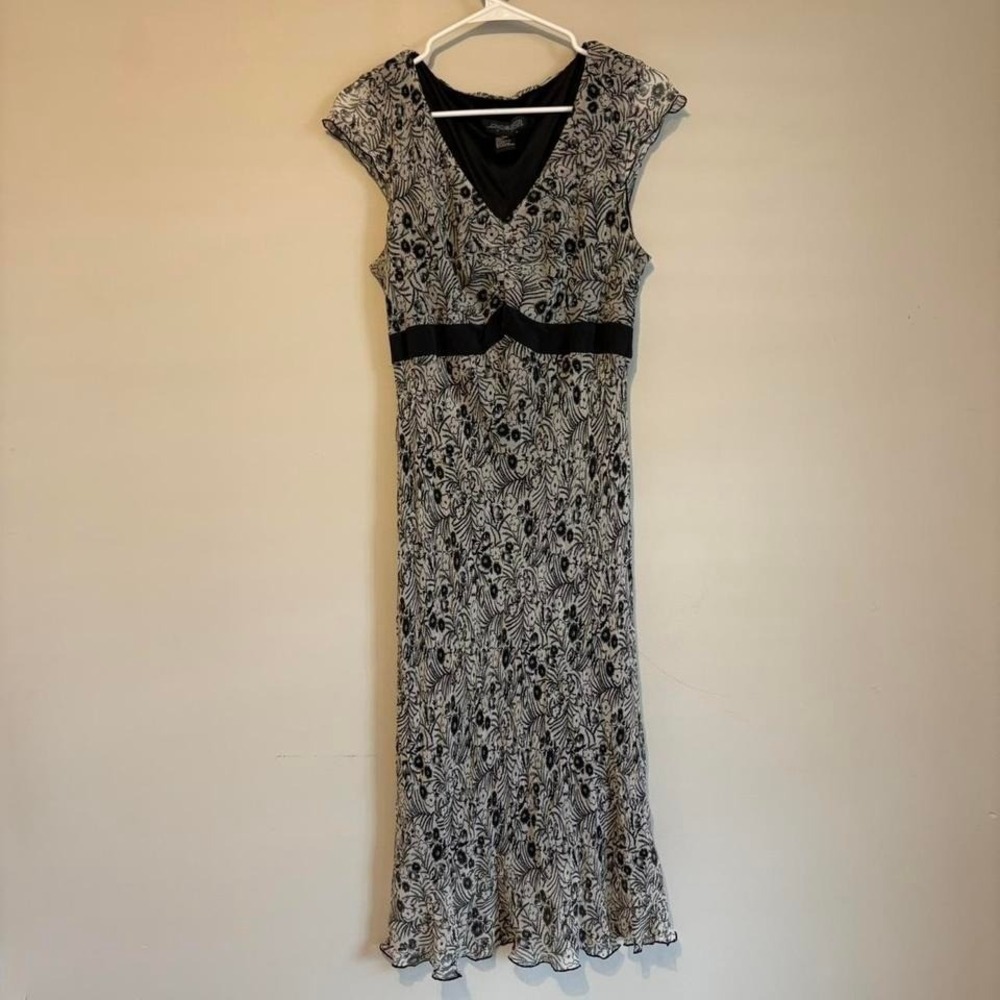 Y2K Whimsical Black&White Silk Floral Maxi Dress, sz 16
